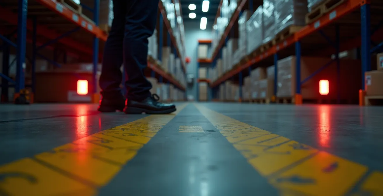 Hoek van magazijn met waarschuwingslichten die activeren bij bewegingsdetectie