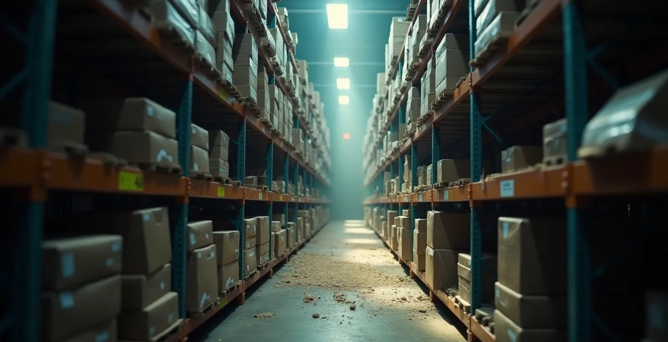 Een magazijnstelling waarbij de voorraad visueel veroudert, van nieuw naar stoffig en vervaagd.