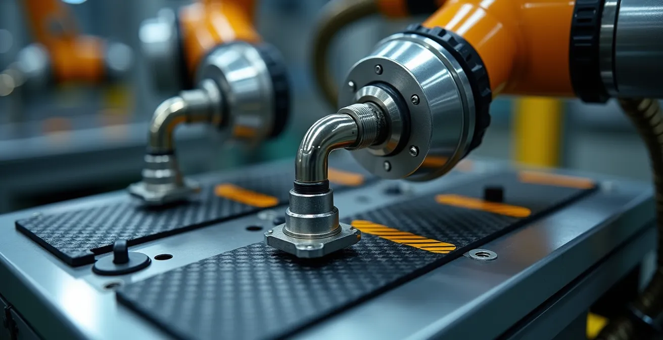 Macro-opname van AGV batterijwissel mechanisme met robotarmen en metalen connectoren