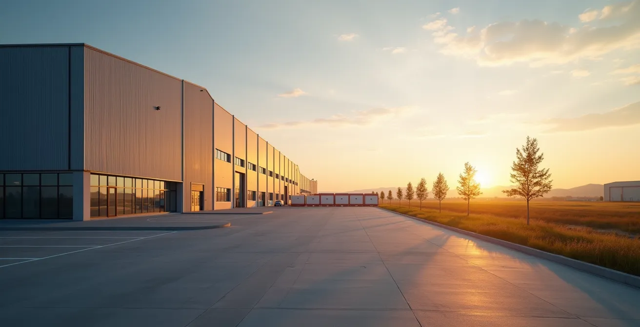 Panoramisch zicht op modern logistiek vastgoed met veel negatieve ruimte