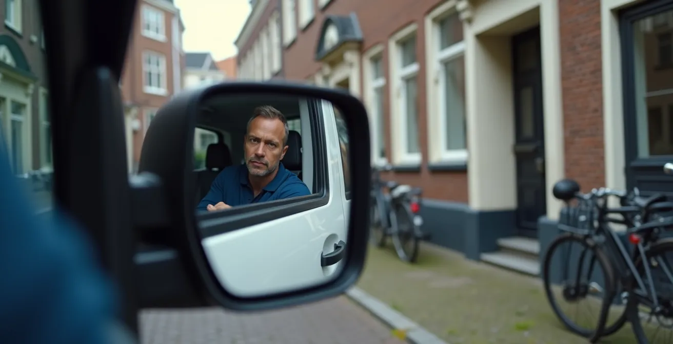 Bestelbus manoeuvreert in krappe Nederlandse binnenstad met visualisatie van parkeersensoren