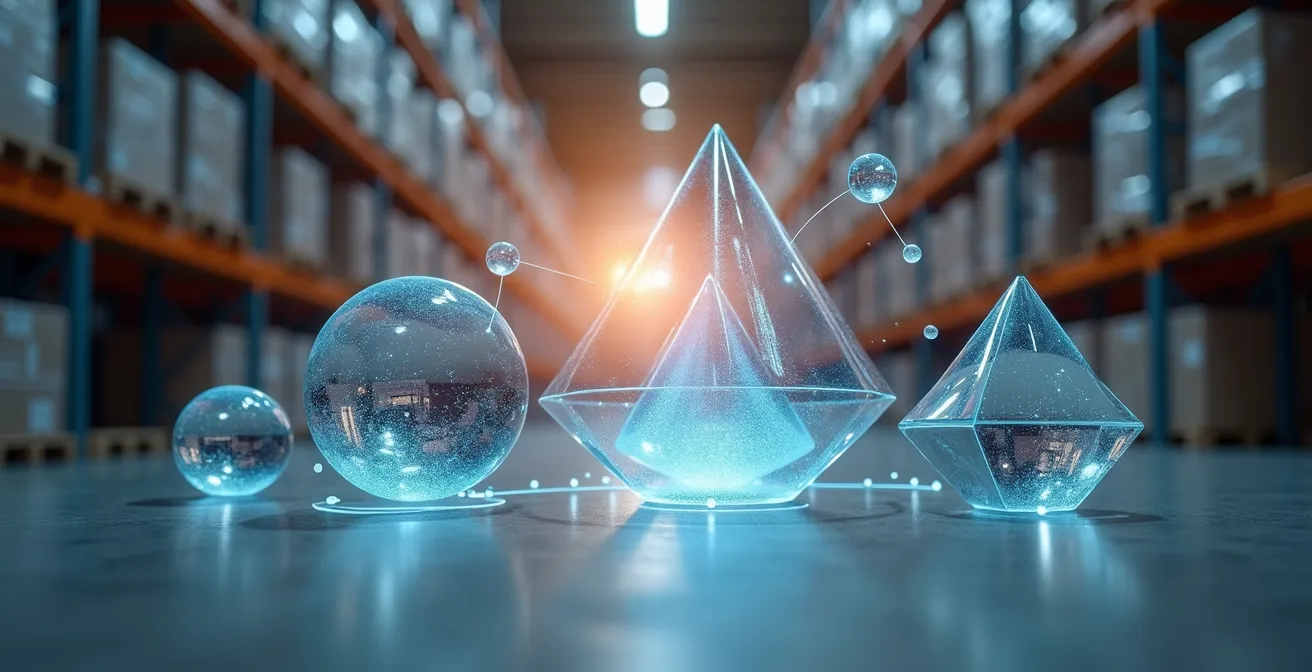 Abstracte visualisatie van datastromen en patronen in een magazijnomgeving