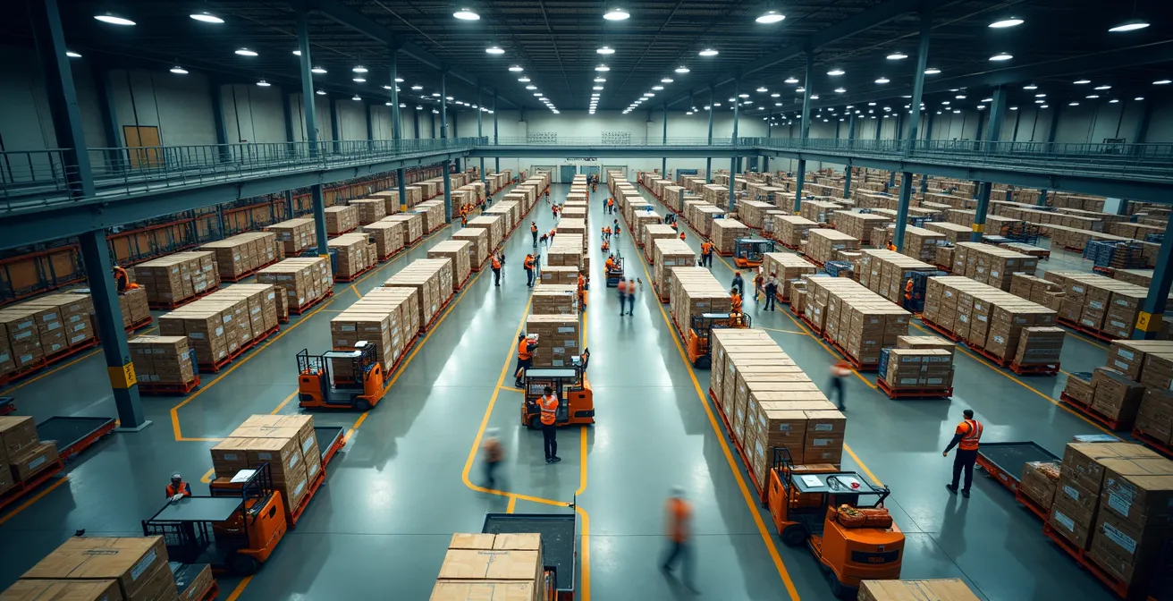 Vogelperspectief van druk magazijn tijdens piekperiode met georganiseerde werkstations