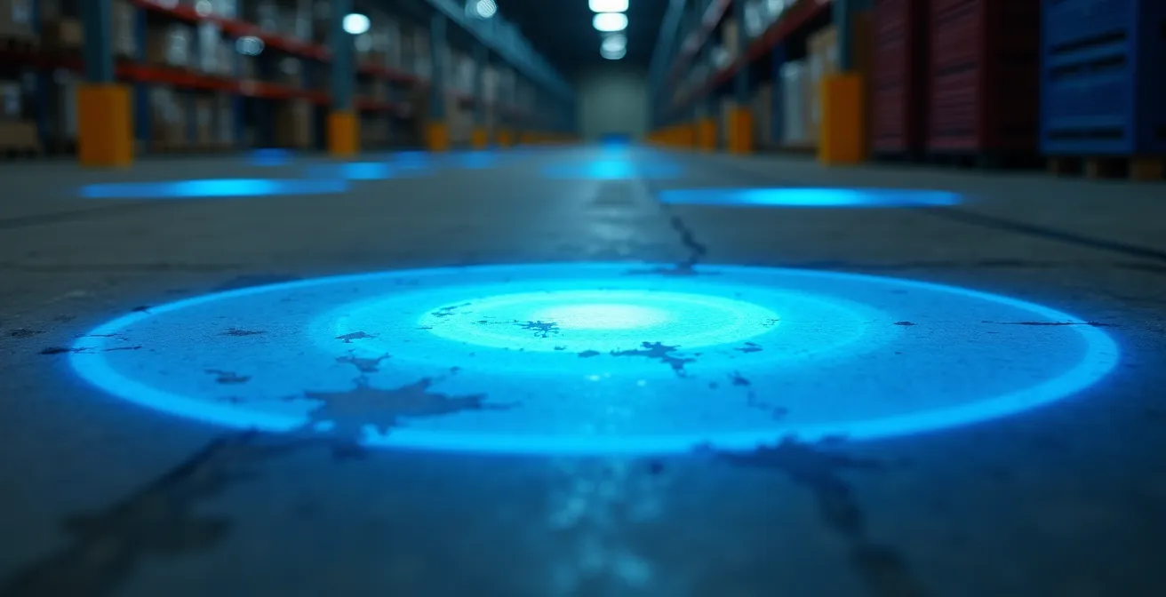 Close-up van blauw waarschuwingslicht geprojecteerd op magazijnvloer vanaf achteruitrijdende heftruck