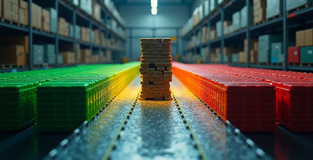 Close-up van een buffer zone voor een bottleneck machine met georganiseerde voorraad en visuele indicatoren voor bufferstatus