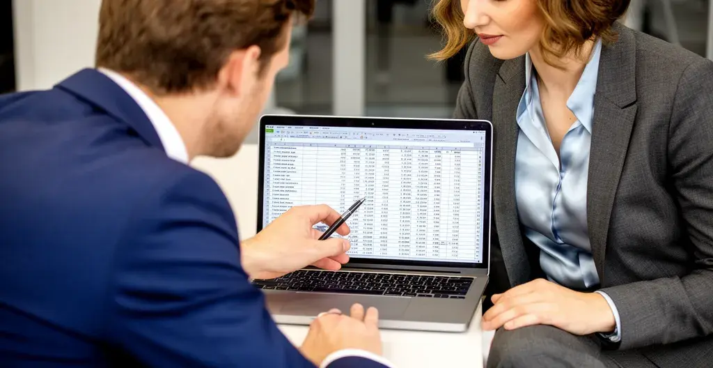 Twee zakelijke professionals bekijken kostenanalyse op laptopscherm in vergaderruimte