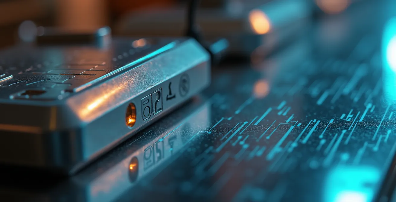 Macro-opname van industriële sensor met datavisualisatie patronen