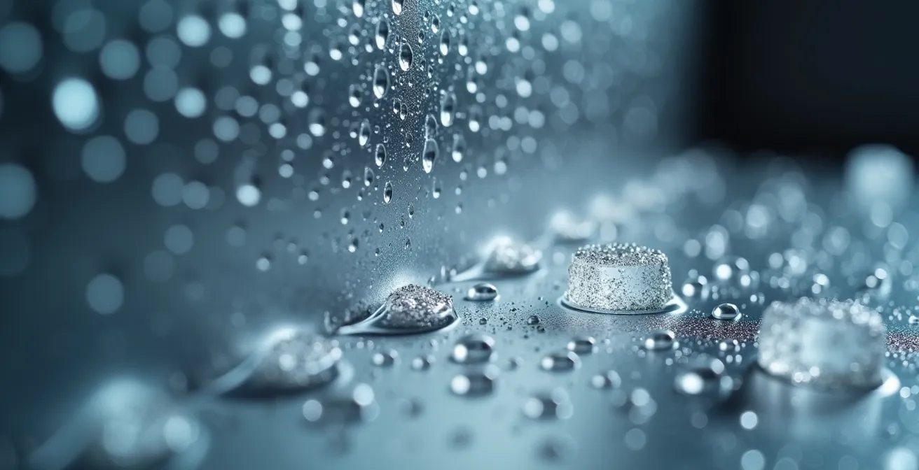 Close-up van droogmiddelen en vochtmetingen in een container met temperatuur- en vochtigheidssensoren