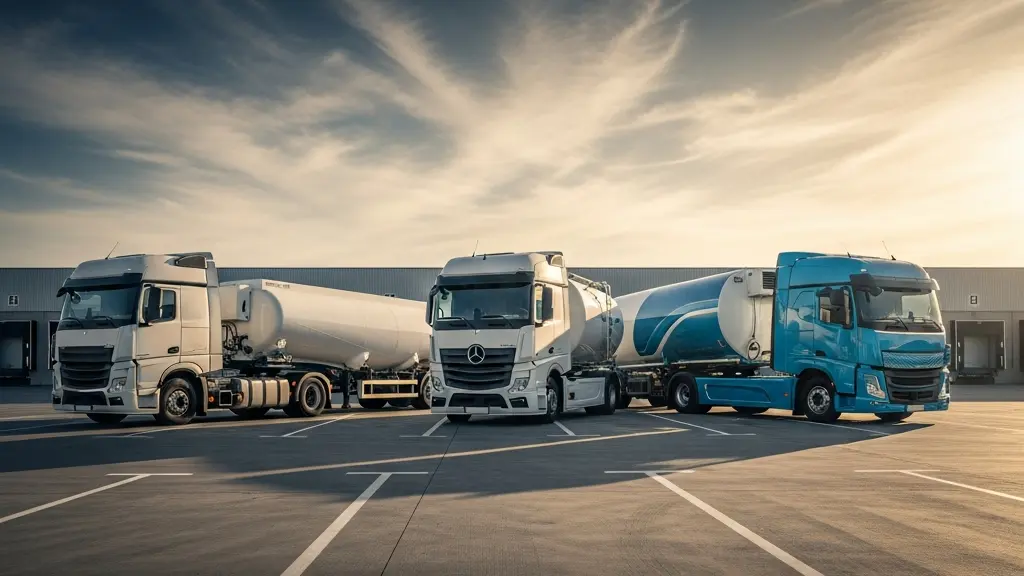 Moderne trekkervergelijking met diesel, LNG en elektrische modellen naast elkaar voor vlootbeheer