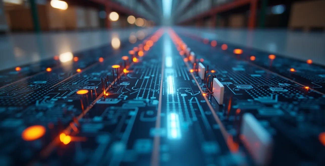 Futuristische visualisatie van een digital twin magazijn met holografische data overlays