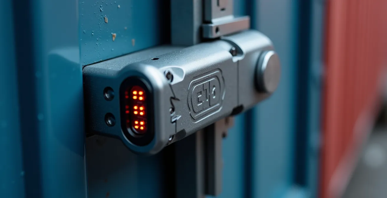 Close-up van een elektronische containerzegel met sensortechnologie