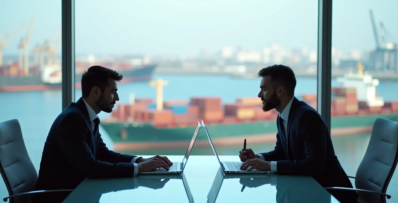 Zakelijke onderhandeling tussen expediteur en rederijvertegenwoordiger in moderne kantooromgeving