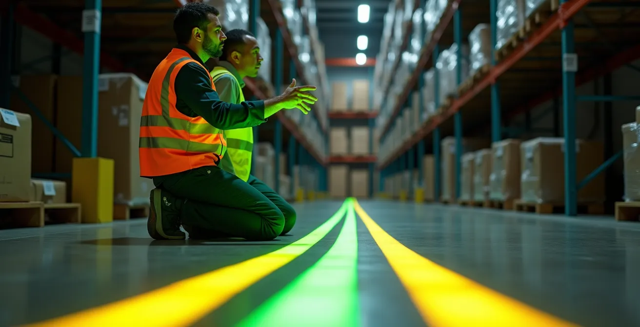 Dynamische lichtprojectie toont verschillende gekleurde looppaden in een magazijn die real-time kunnen worden aangepast