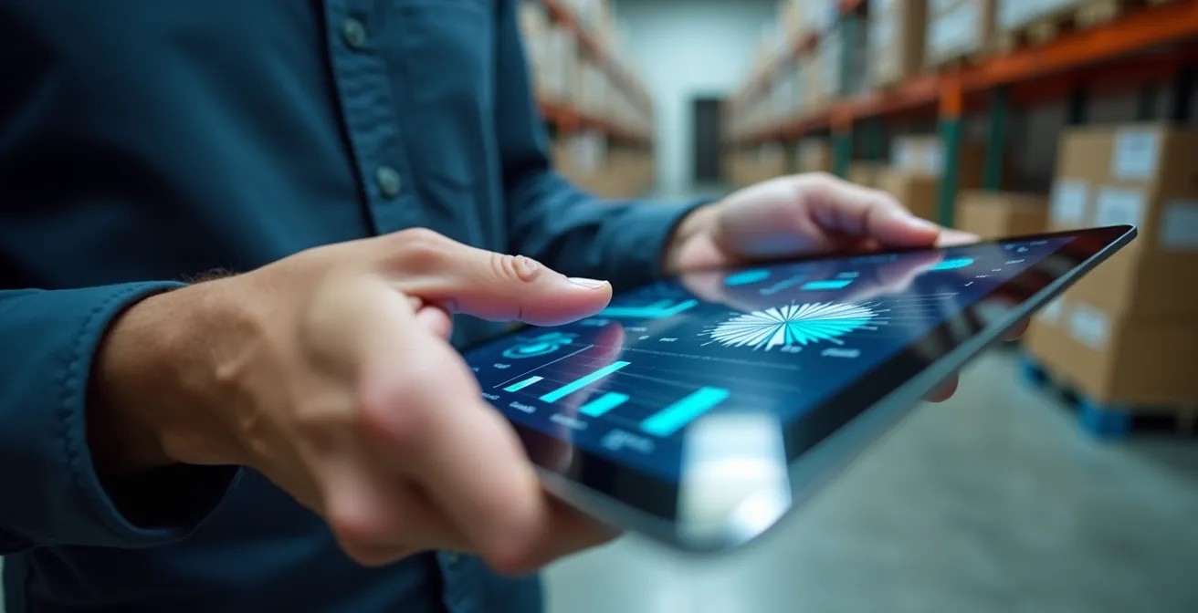 Close-up van handen die data analyseren op tablet met grafieken en voorspellingen