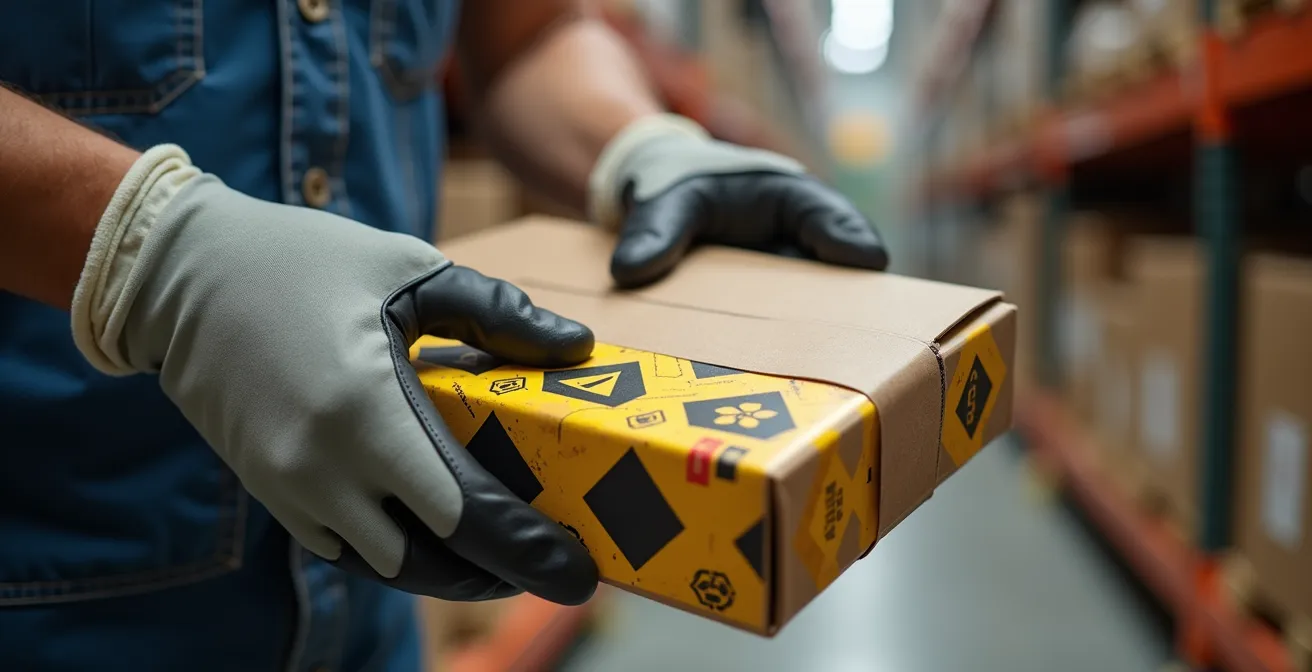 Magazijnmedewerker bekijkt gevaarssymbolen op verpakkingen in veilige werkomgeving