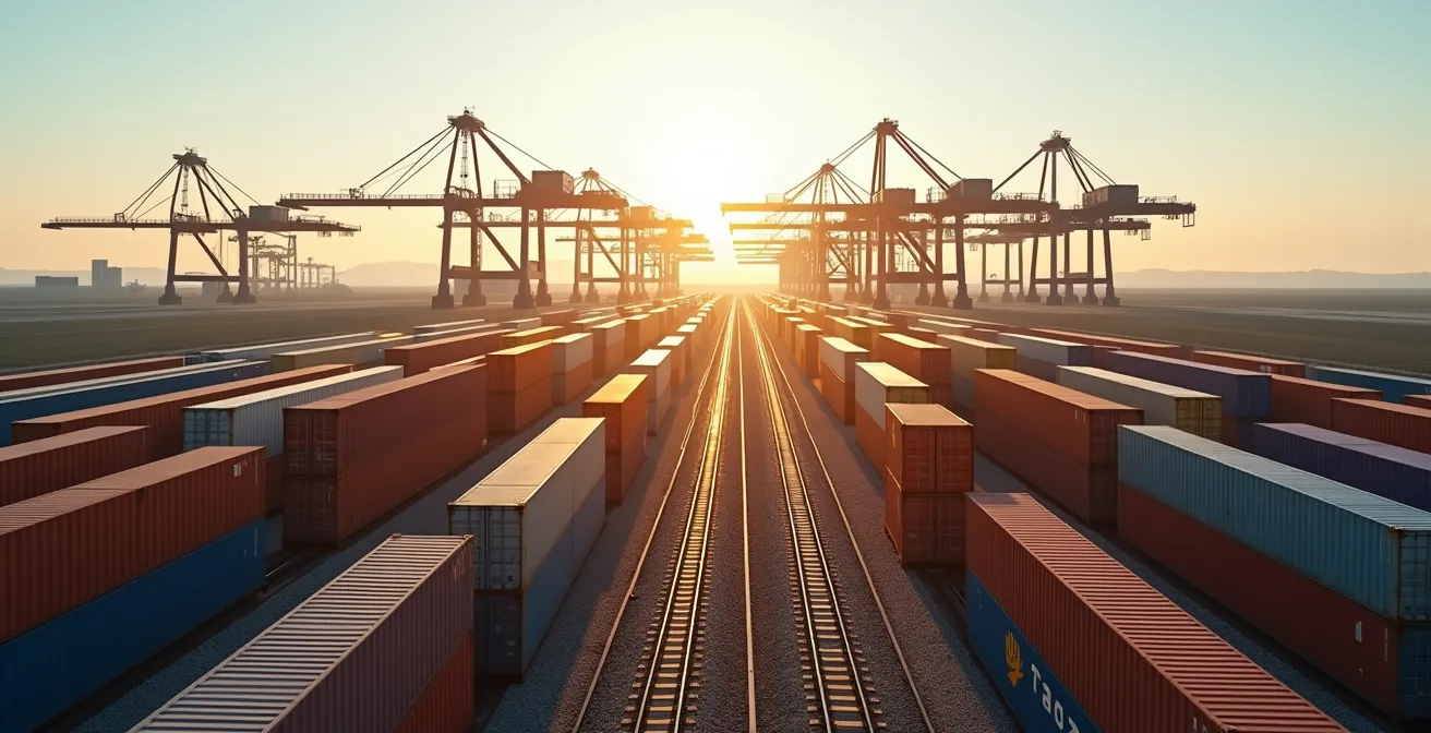 Vogelperspectief van overslagterminal met containers en kranen bij grensovergang