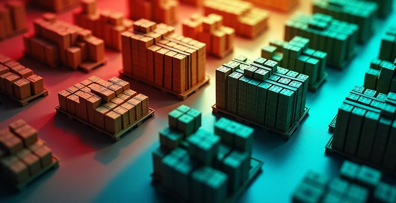 Bovenaanzicht magazijn met kleurgecodeerde zones die verschillende vullingsgraden tonen