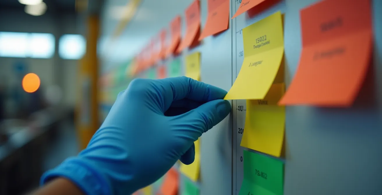 Kanban-bord met gekleurde kaarten op een productievloer