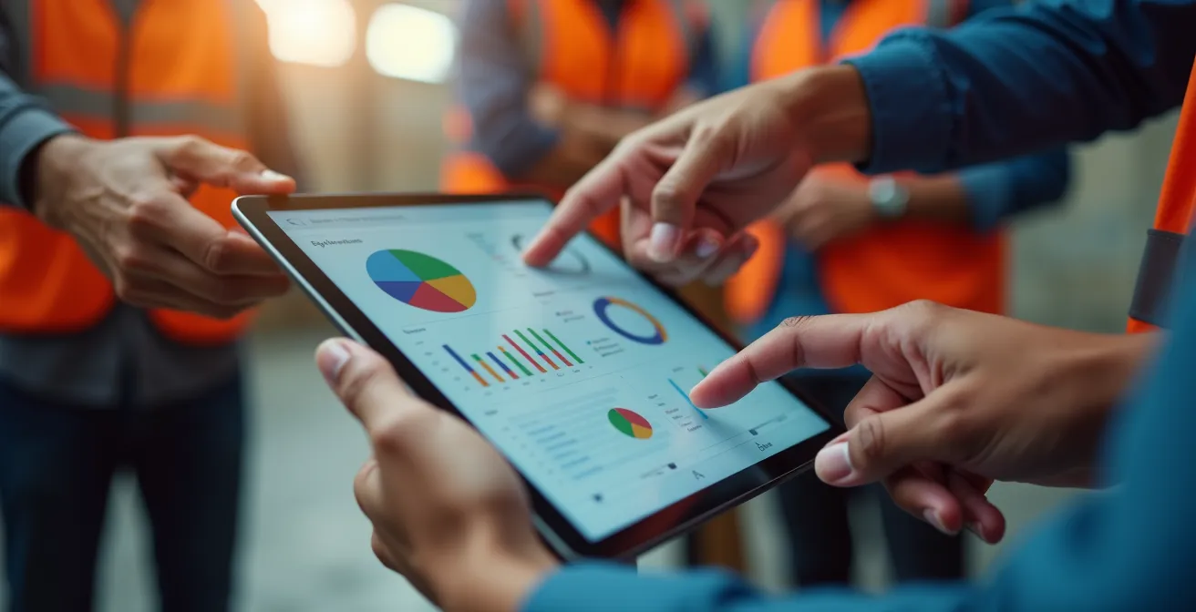 Close-up van handen die een tablet vasthouden met digitale kennisbank interface