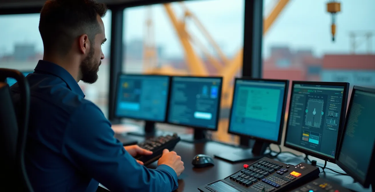 Close-up van handen van een terminal operator die een kraanbediening op afstand bedient met wazig containerterminaal op achtergrond