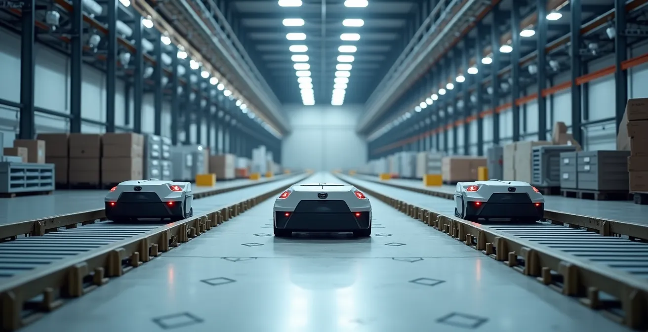 Minimalistische weergave van geautomatiseerde fabrieksvloer met AGV systemen