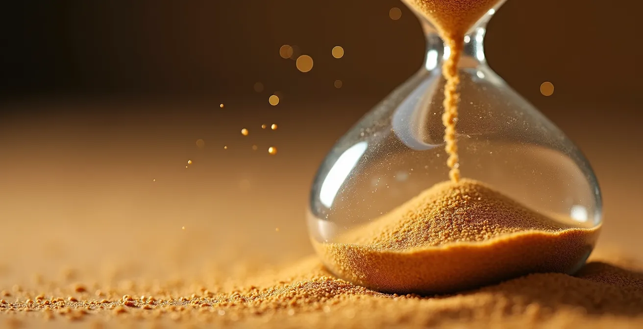 Macro-opname van zandloper textuur symboliseert urgentie van real-time data in logistiek