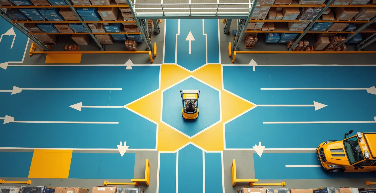 Bovenaanzicht magazijn met duidelijk gescheiden voetgangers- en heftruckzones