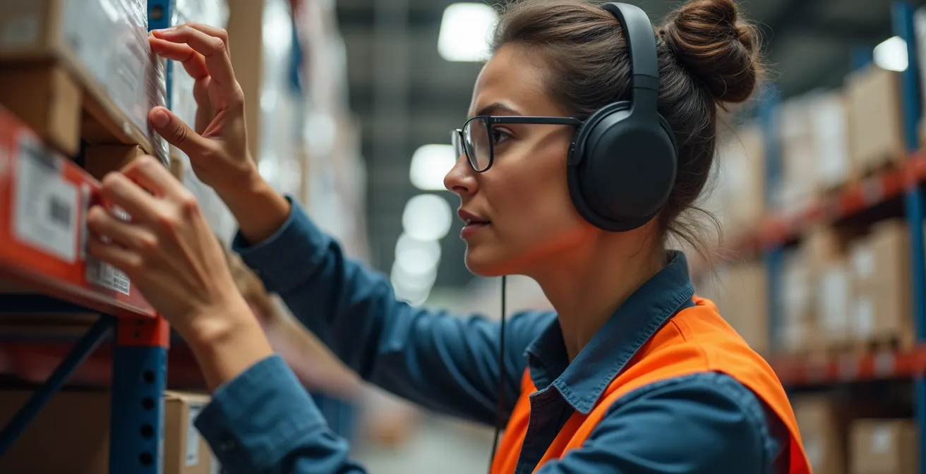 Magazijnmedewerker met voice-picking headset verzamelt producten handsfree in moderne warehouse omgeving