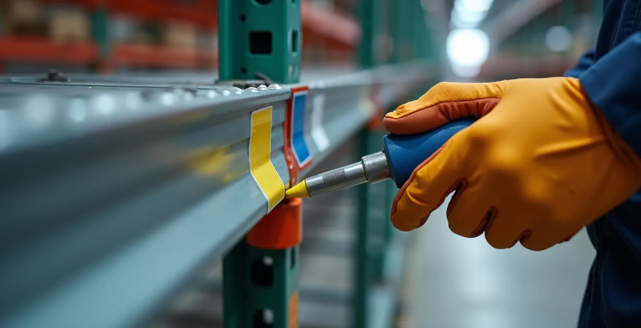 Close-up van magazijnstelling met visuele inspectiemarkering in groen, oranje en rood