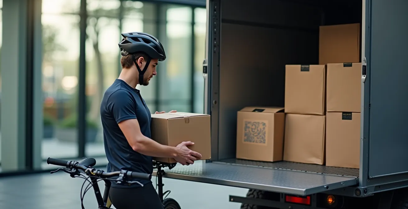 Fietskoerier laadt pakketten in elektrische bakfiets bij stedelijke micro-hub