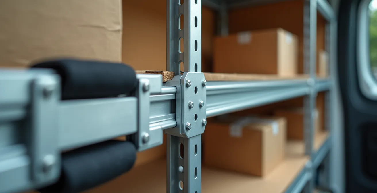 Interieur van een bestelbus met modulair schappensysteem geoptimaliseerd voor pakjesbezorging