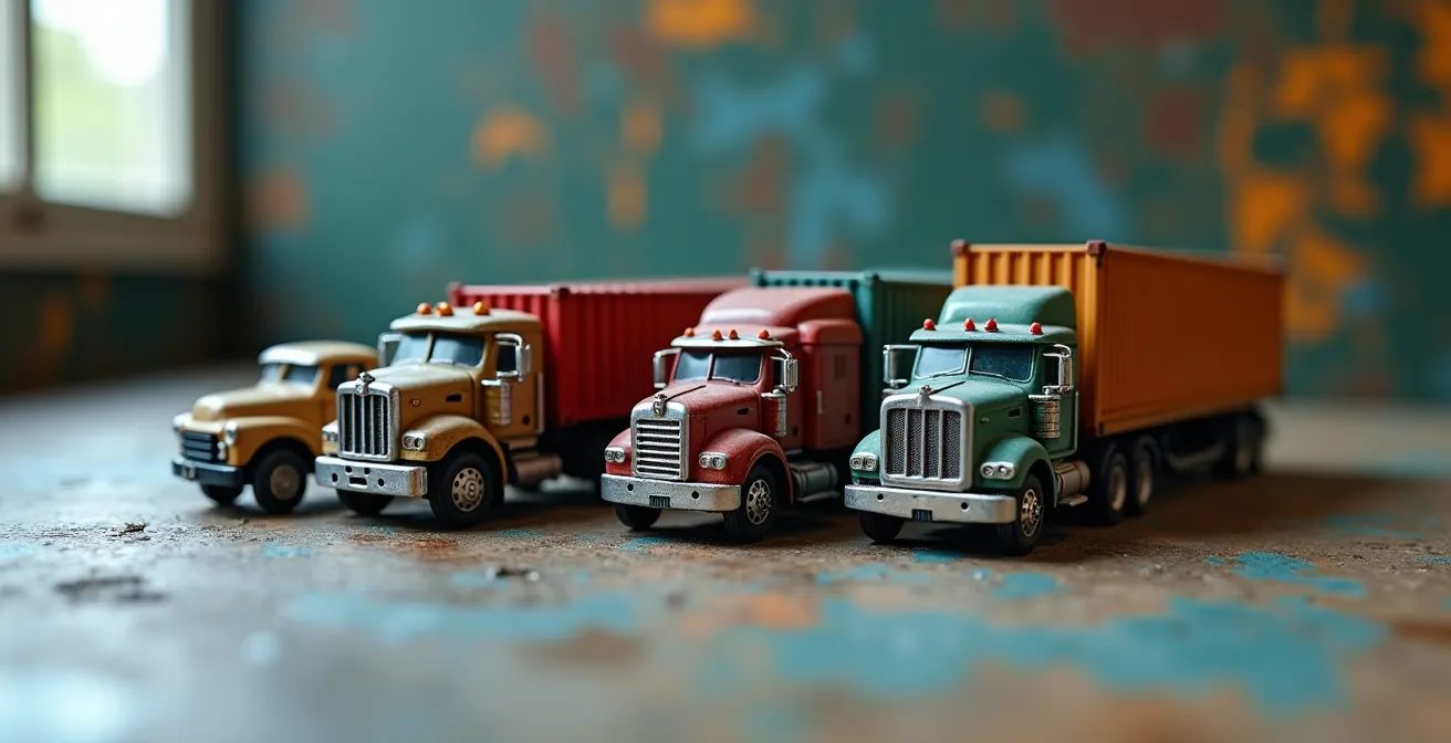 Macrofoto van miniatuur transportmiddelen symboliserend de integratie van verschillende transportmodaliteiten