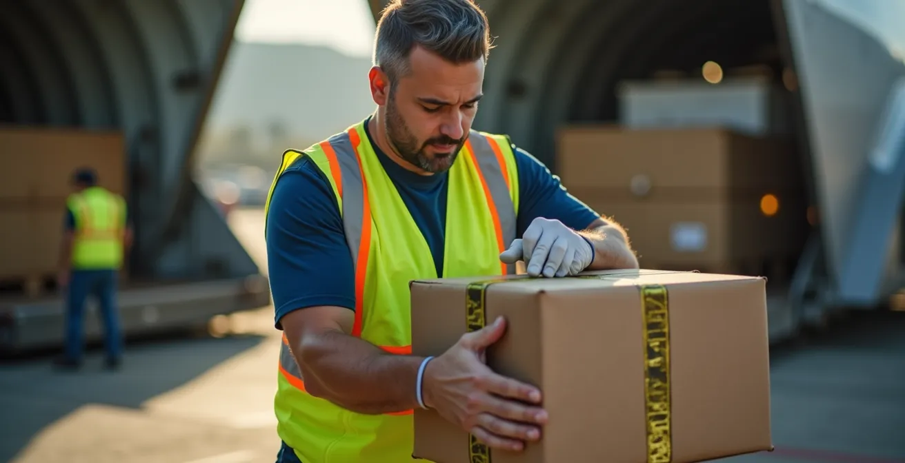Ground handler bereidt urgent pakket voor op passagiersvlucht