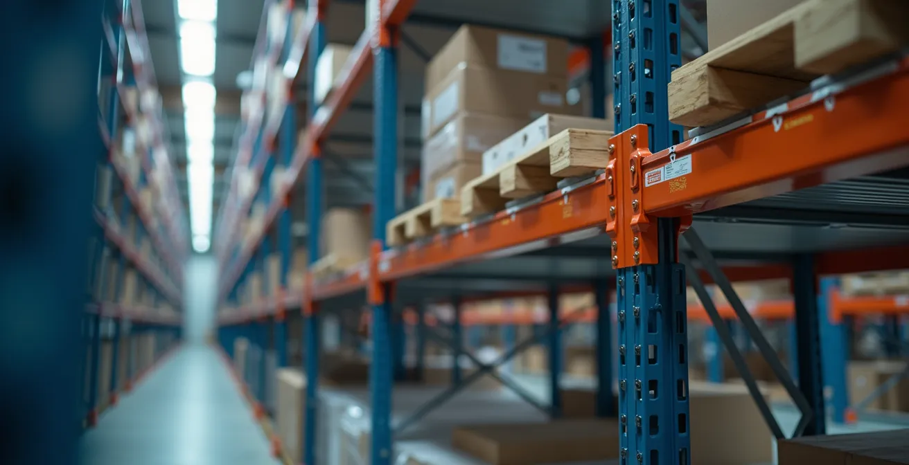 Close-up van moderne palletstellingen met verschillende gangbreedtes in een magazijn