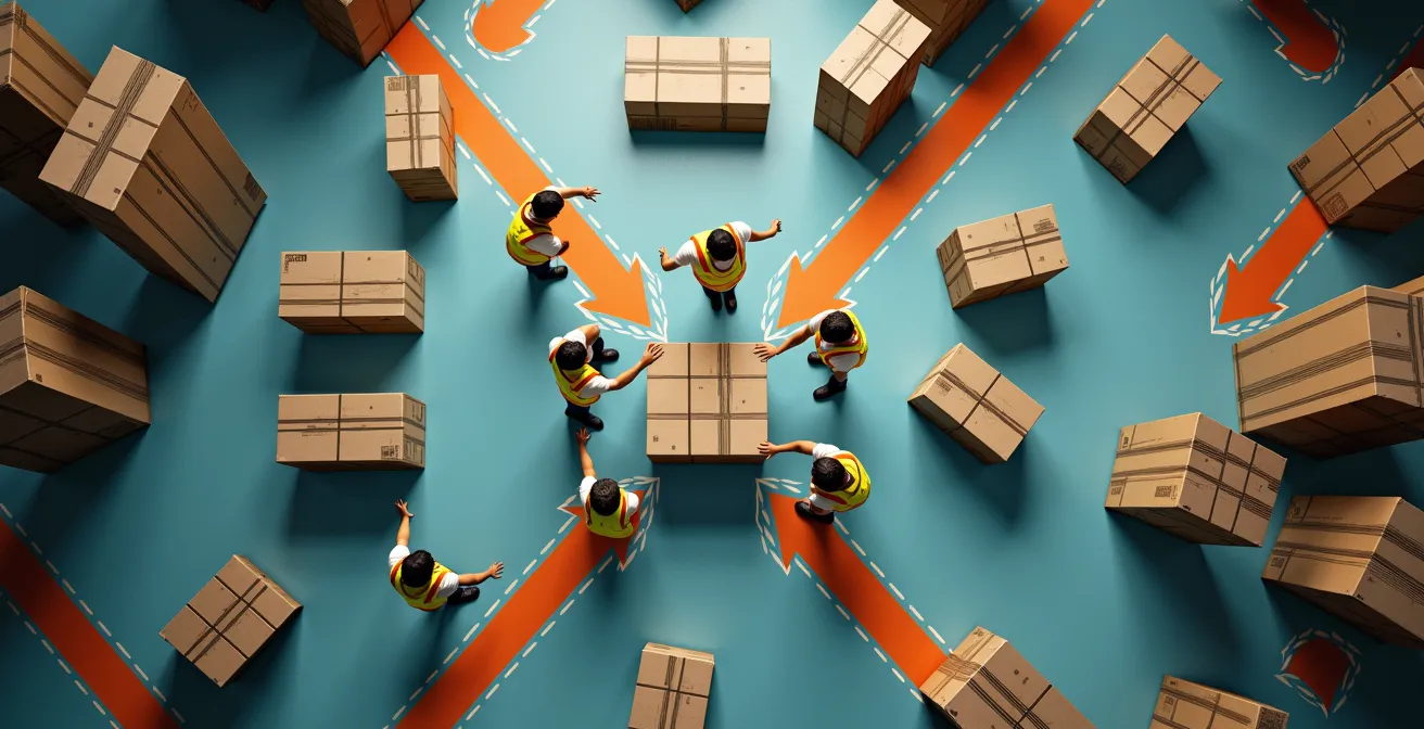 Bovenaanzicht van sorteercentrum met verschillende routes gemarkeerd door gekleurde lijnen