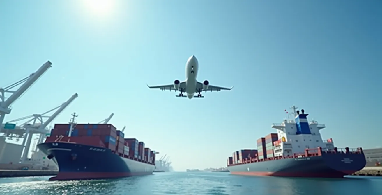 Breed perspectief van containerschip en vrachtvliegtuig bij een internationale hub zoals Dubai