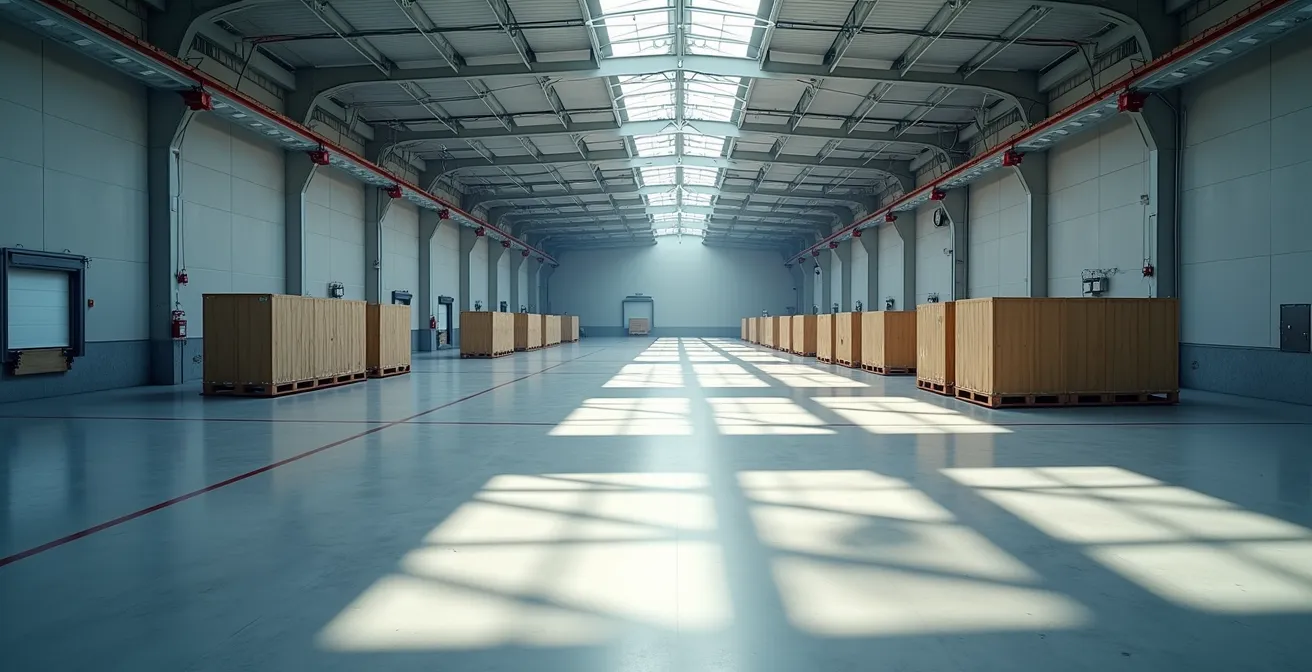 Panoramisch uitzicht over een modern distributiecentrum met meerdere verbindingslijnen naar verschillende locaties