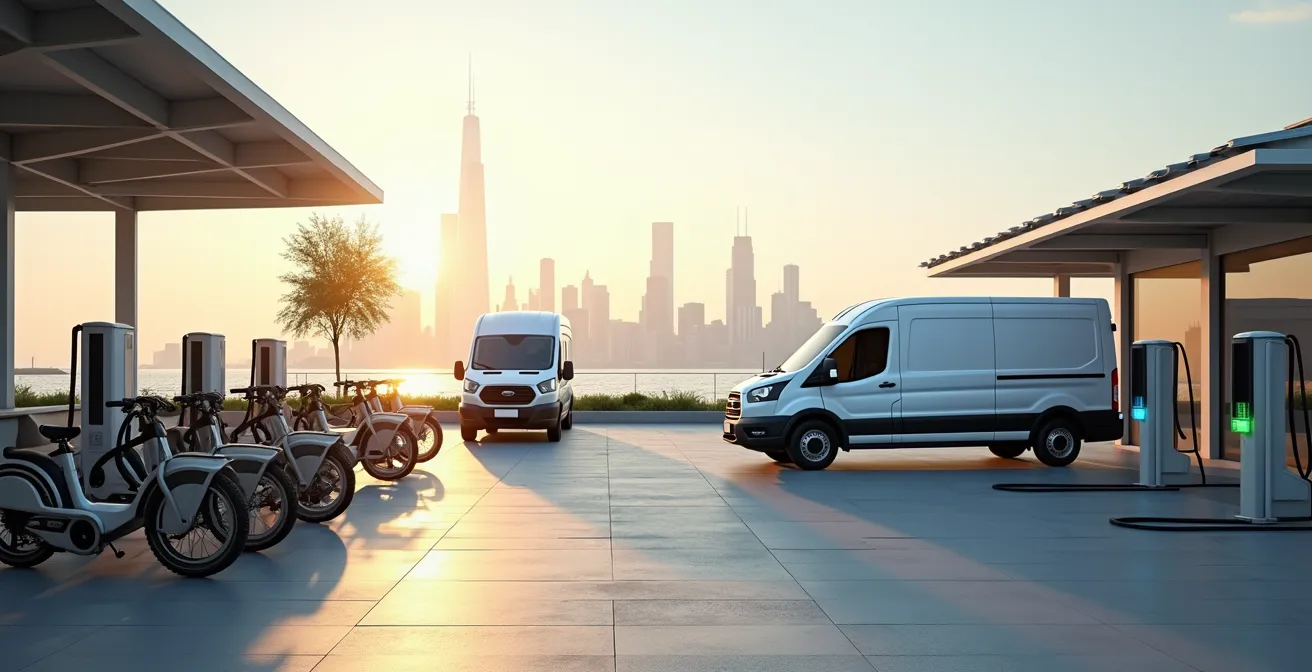 Elektrische bestelwagens en cargo bikes bij laadstation aan stadsrand