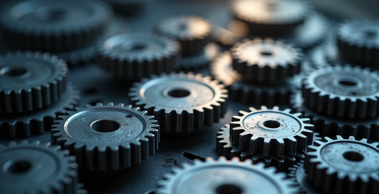 Symbolische weergave van JIT-principe met perfect getimede tandwielen en transportbanden