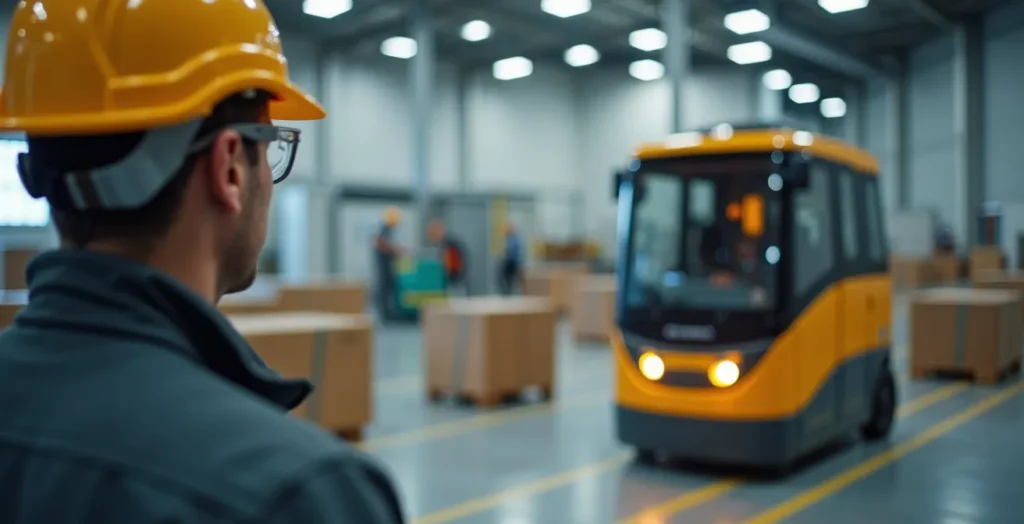Zelfrijdende AGV robot transporteert materialen door een moderne fabriekshal Zelfrijdende AGV robot transporteert materialen door een moderne fabriekshal