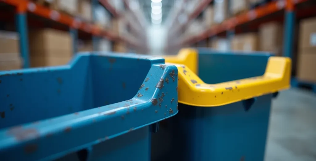 Macro-opname van kleurgecodeerde two-bin bakken met kanban kaarten in een magazijnstelling Macro-opname van kleurgecodeerde two-bin bakken met kanban kaarten in een magazijnstelling